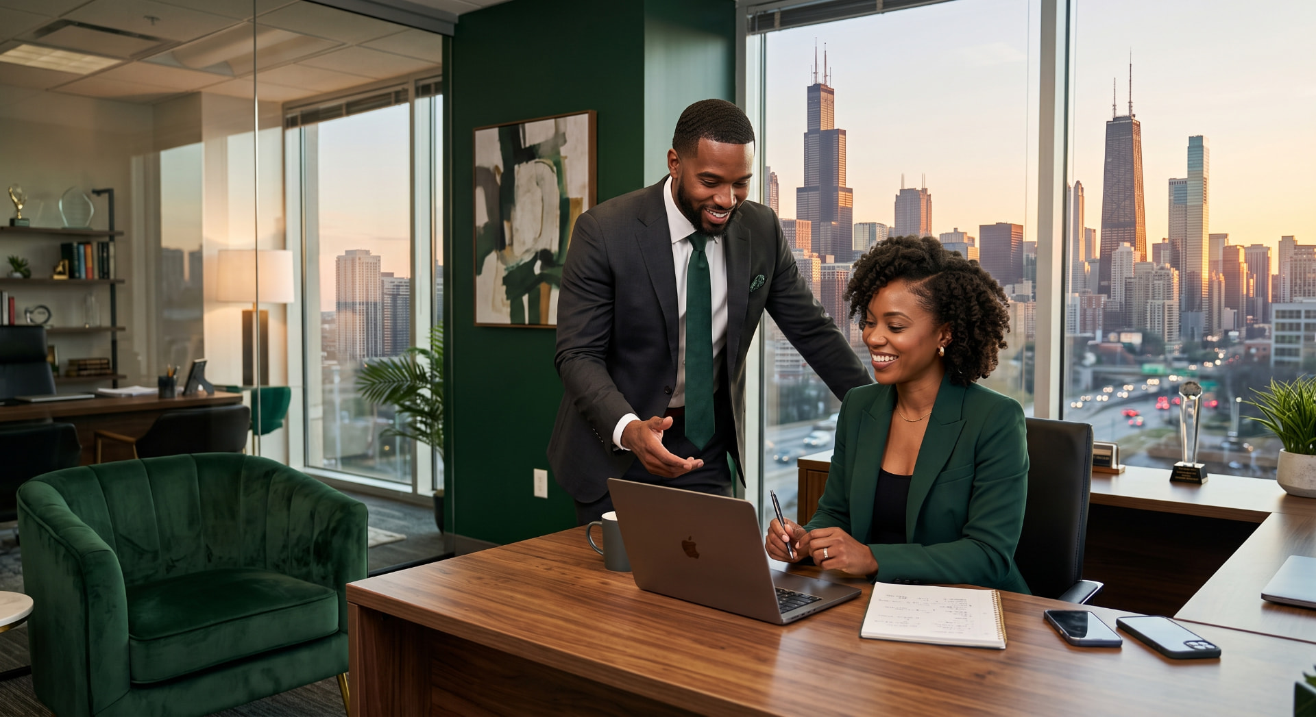 Two Parlor Exchange Global consultants reviewing a business plan at a desk overlooking the Chicago skyline
